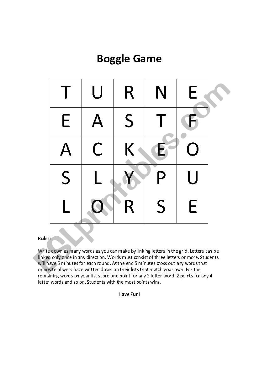 Boggle Style Game worksheet