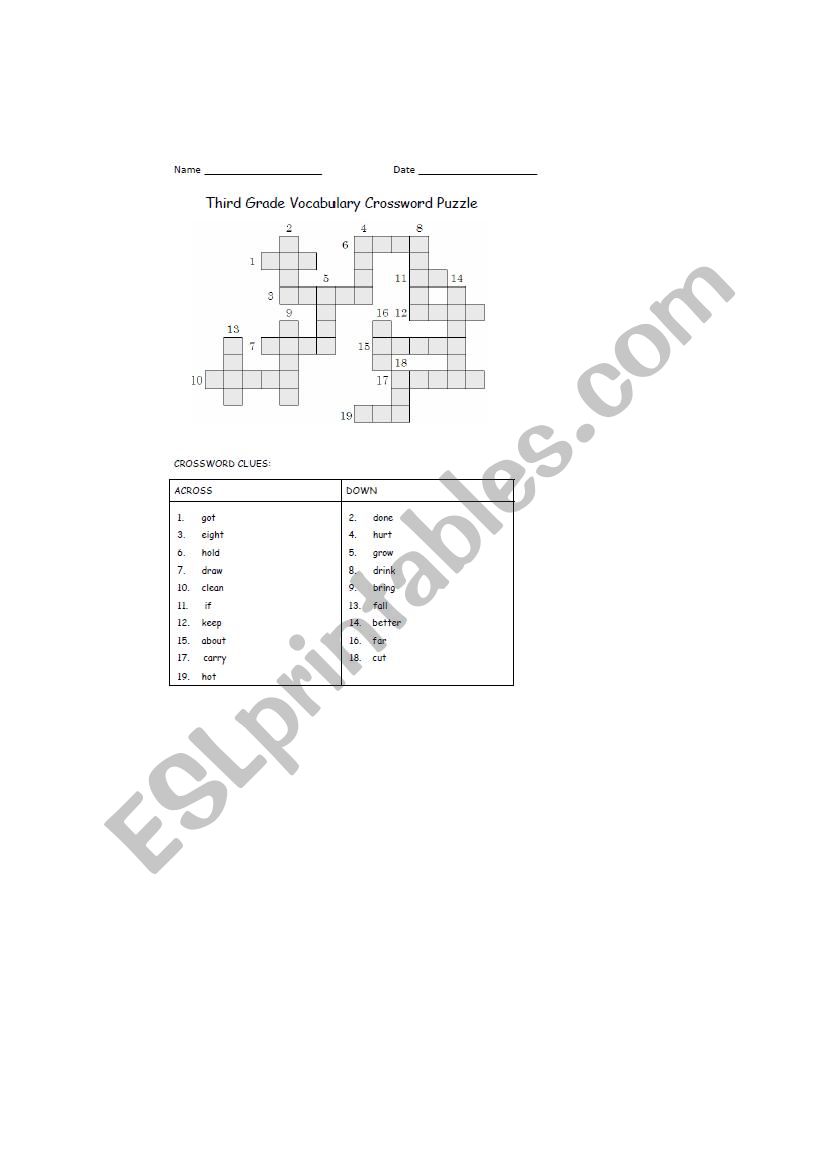 Grade 3 crossword printable worksheet