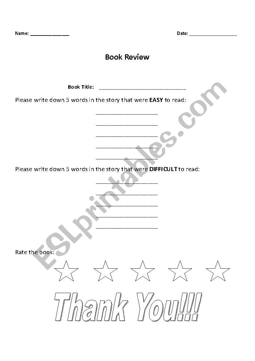 Book Review worksheet