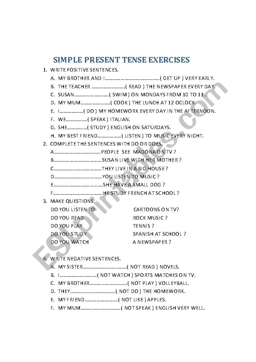 SIMPLE PRENET TENSE EXERCISES worksheet