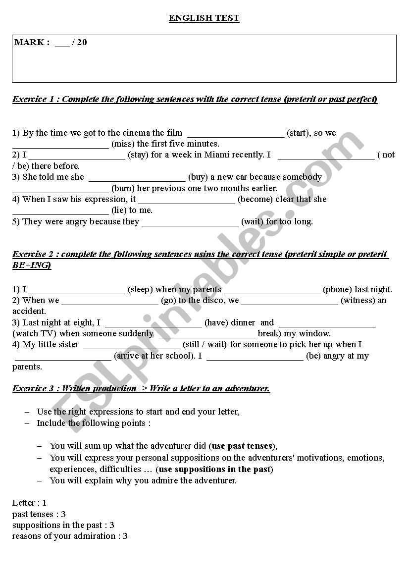 English test - past tenses worksheet