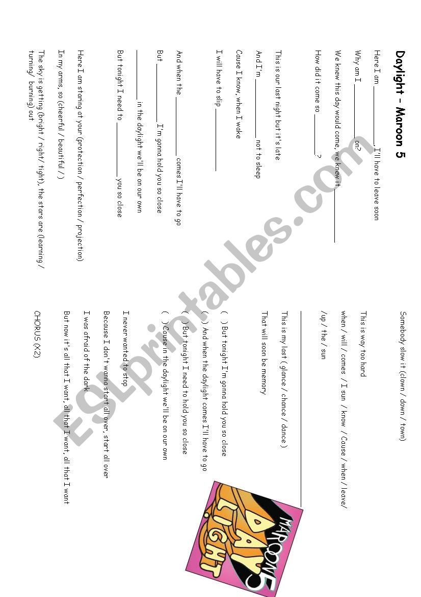 Daylight Maroon 5 worksheet