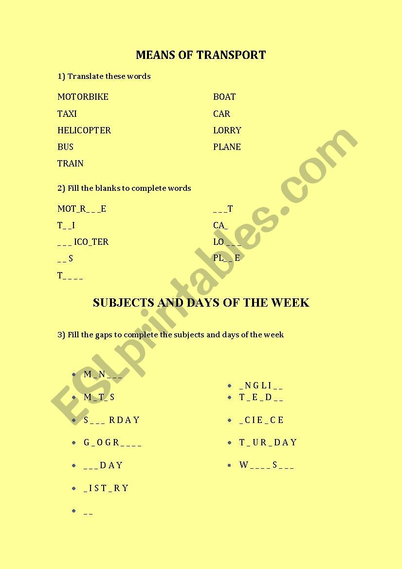 Review vocabulary - Means of transport, days of the week and subjects