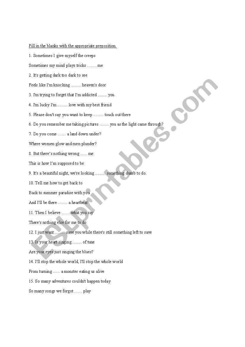 Prepositions in songs worksheet