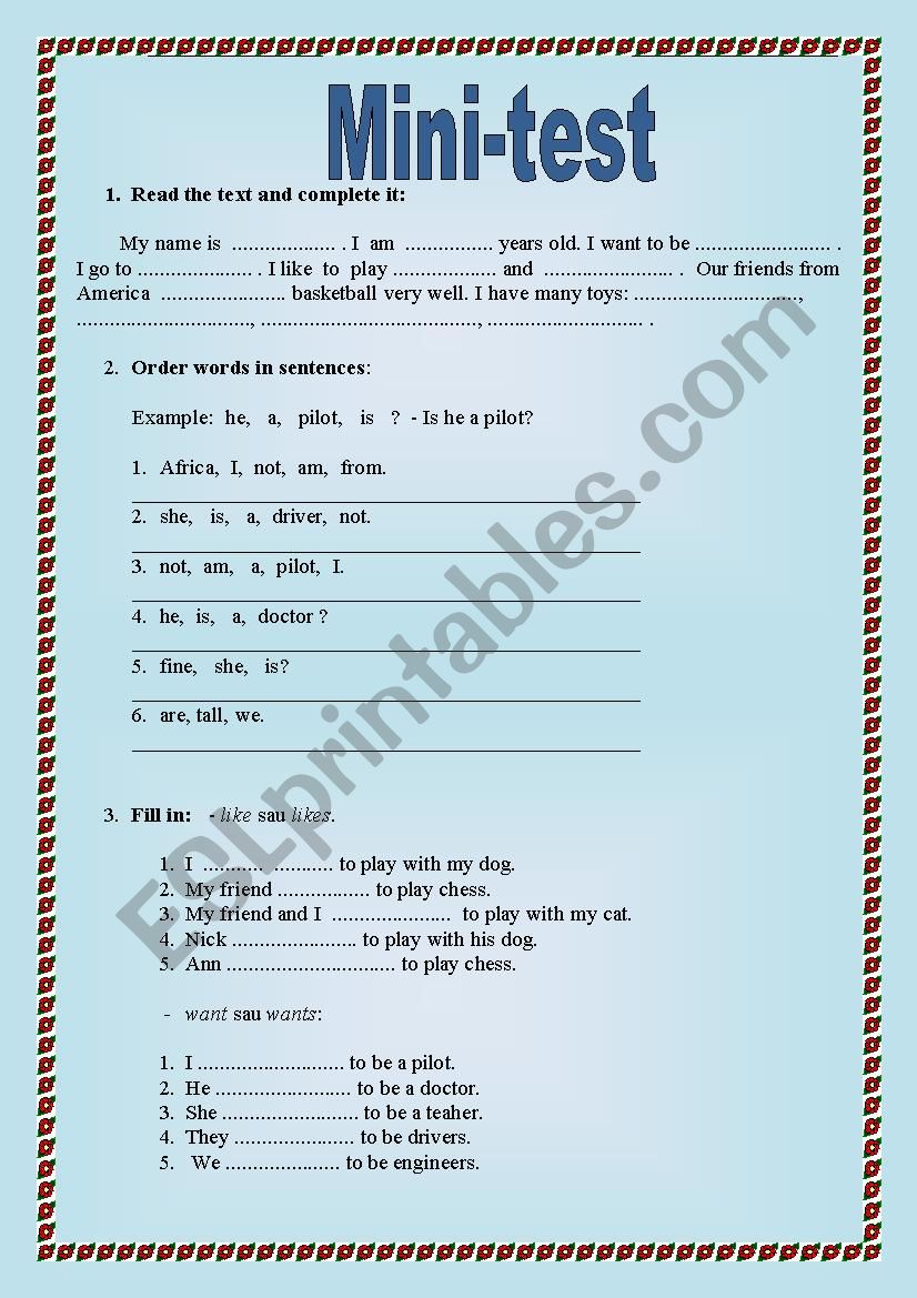 Mini test for elementary  worksheet