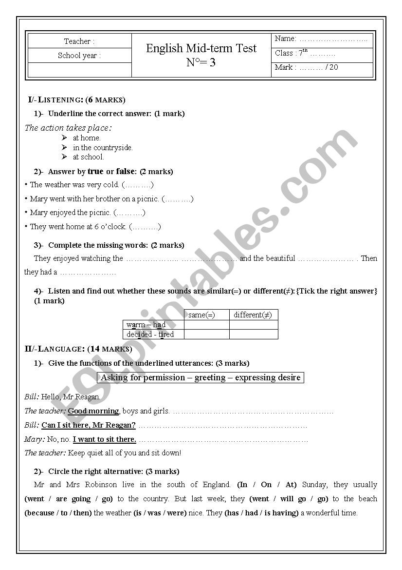 èth form mid term test N3 - ESL worksheet by sanasou