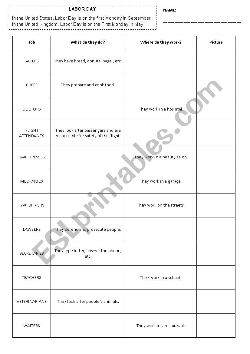 Labor Day - Jobs worksheet