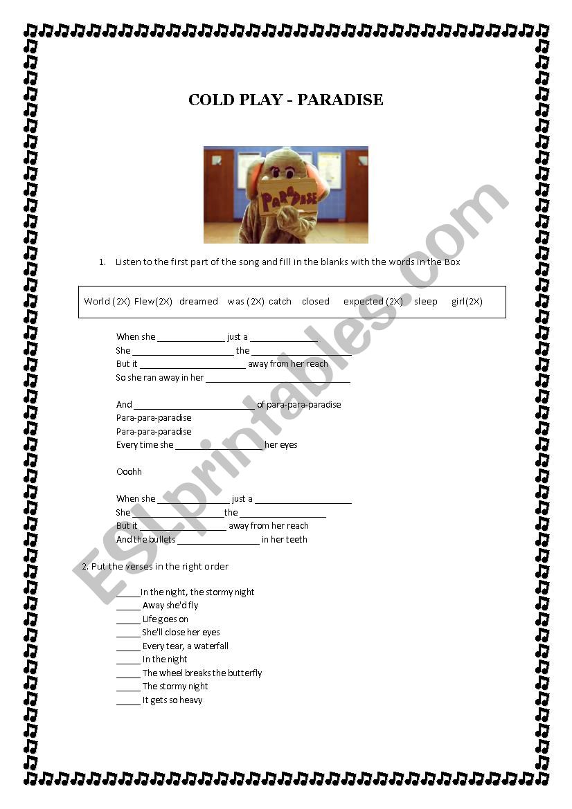 Cold Play Paradise worksheet