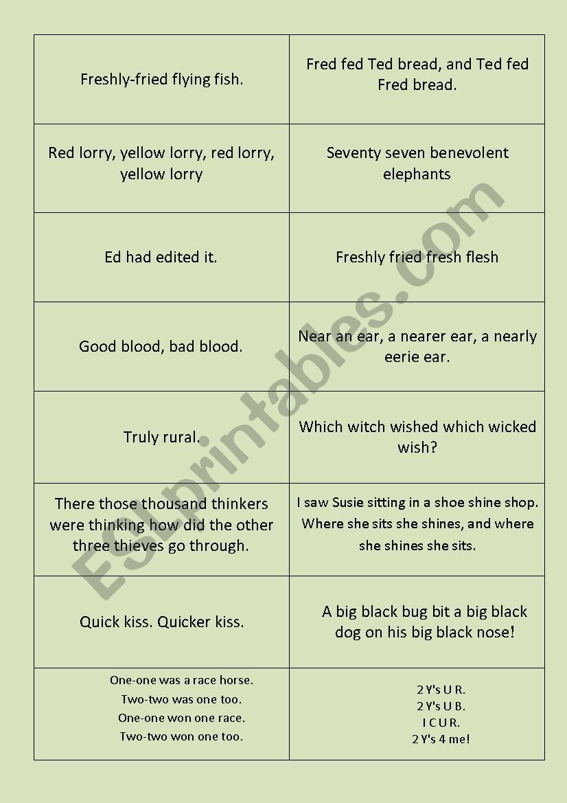 Tongue twisters worksheet