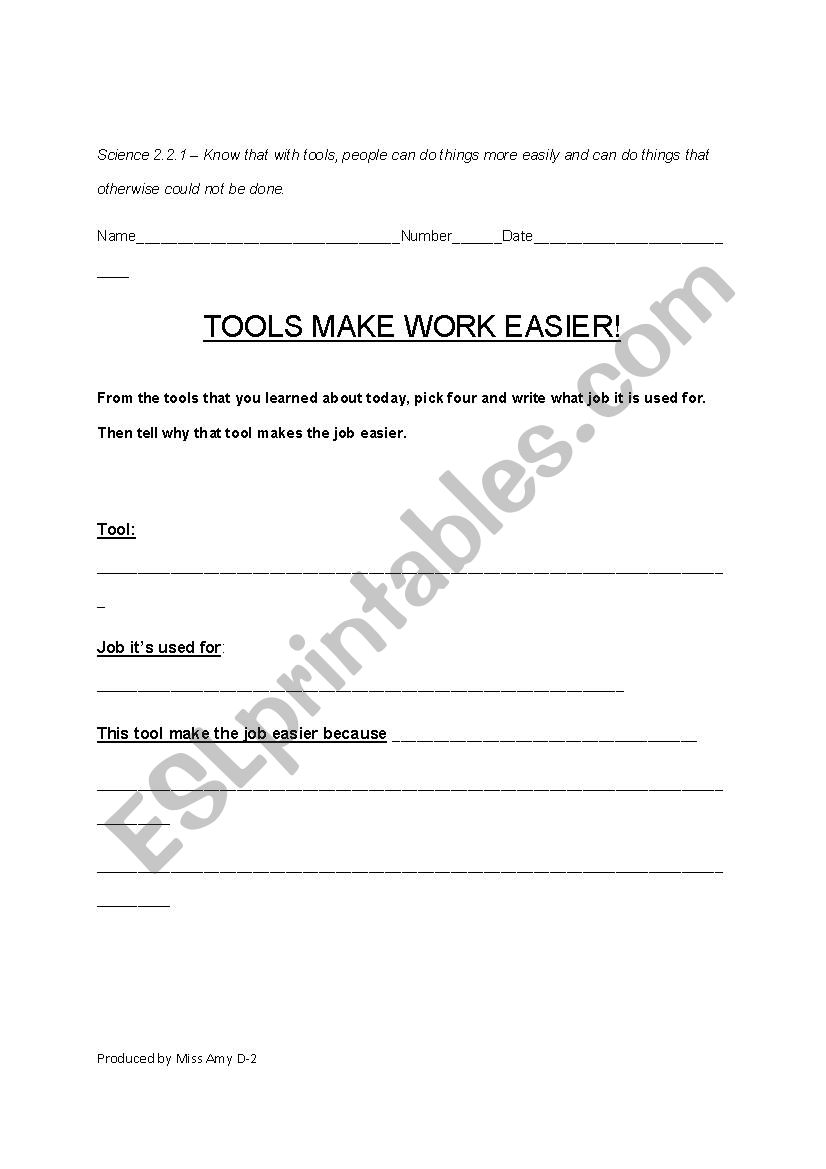 Tools worksheet