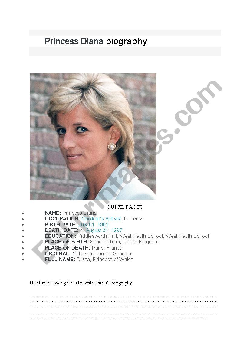 Princess Diana worksheet