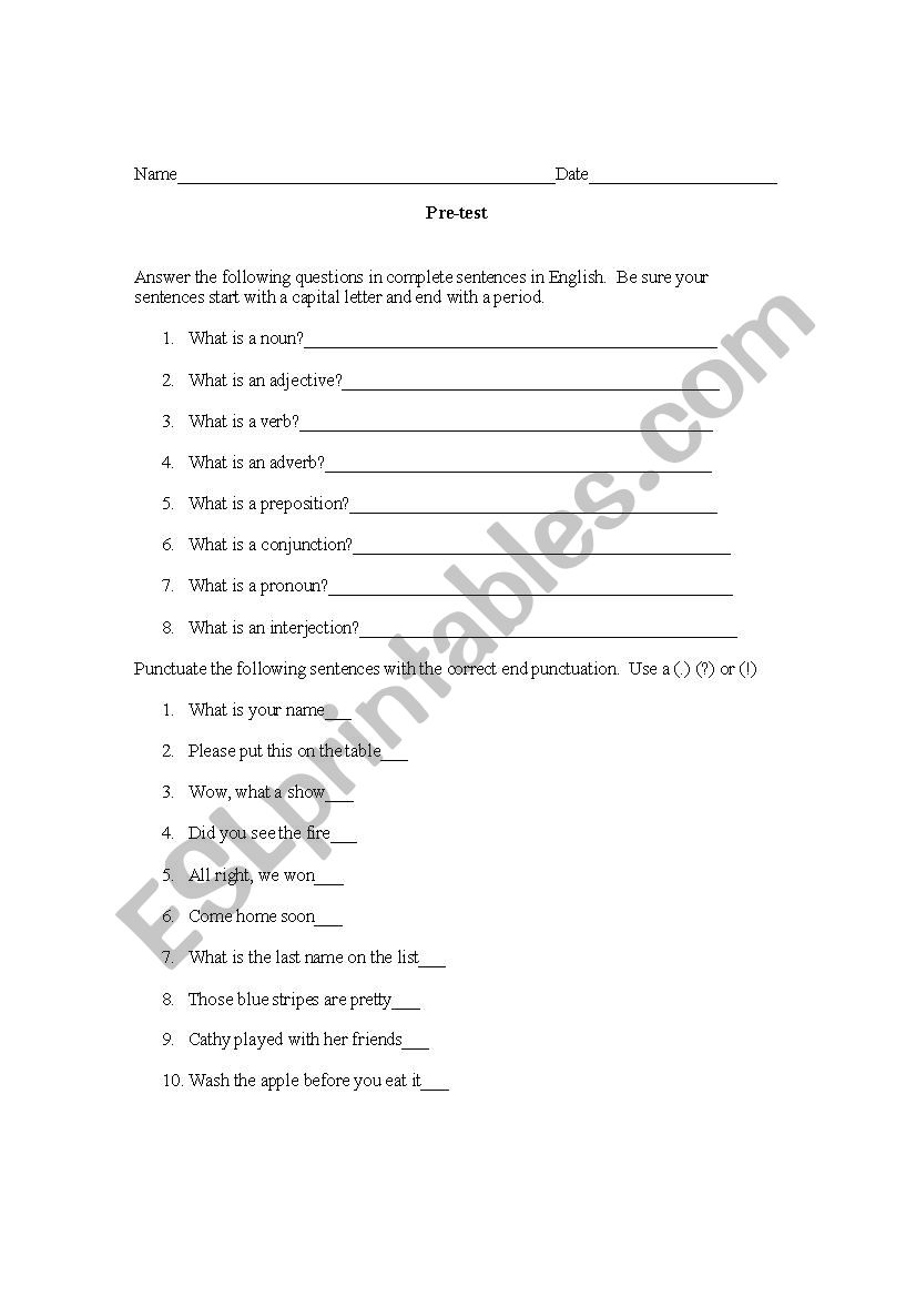 Pre-test for English worksheet