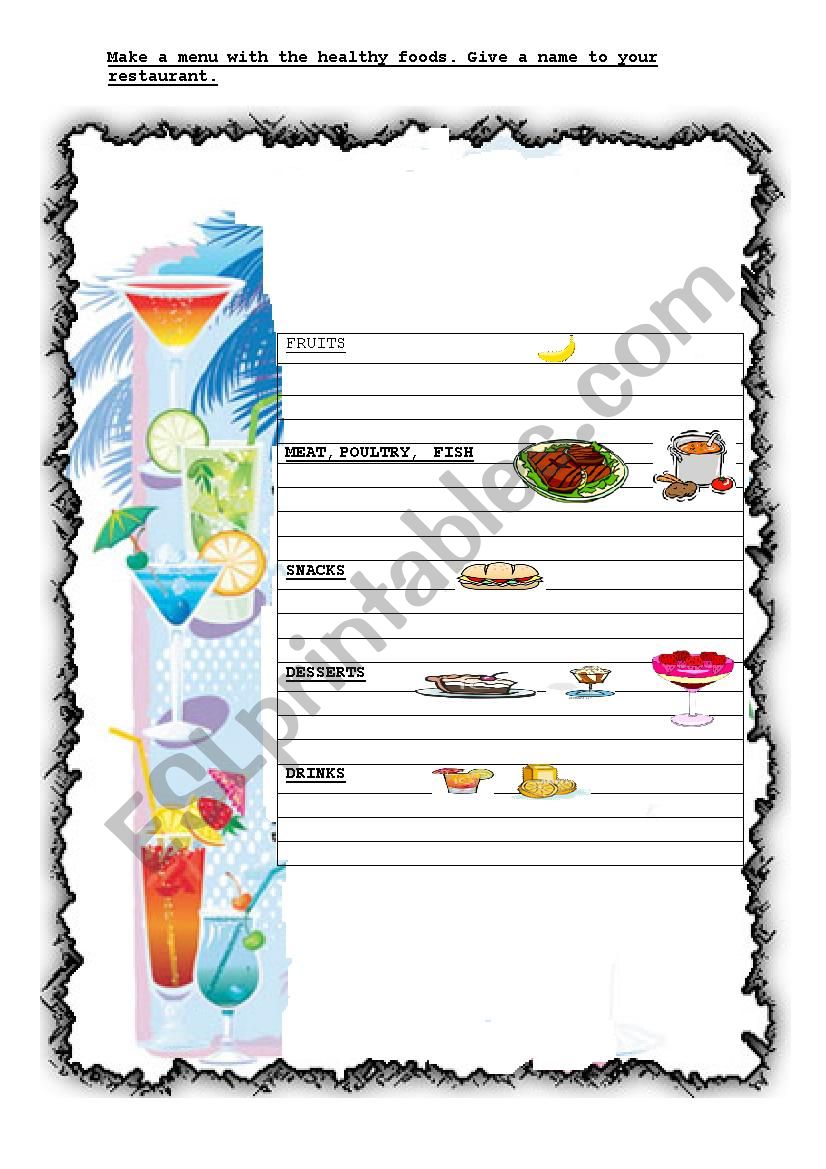 Menu- Grouping the food items worksheet