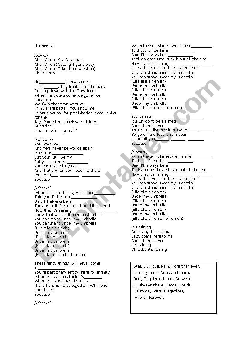 Rihanna, Umbrella. Complete The Lyric Of The Song! - ESL worksheet by ...