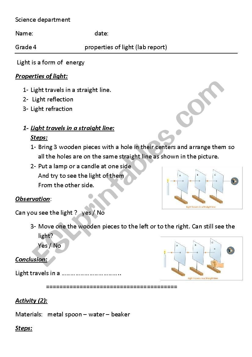 Properties Of Light Esl Worksheet By Dinaammar