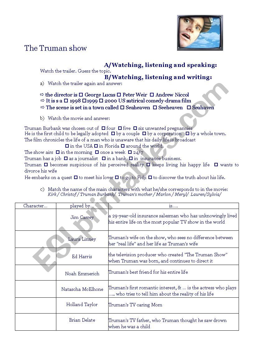 The Truman Show ESL Worksheet By Bayen