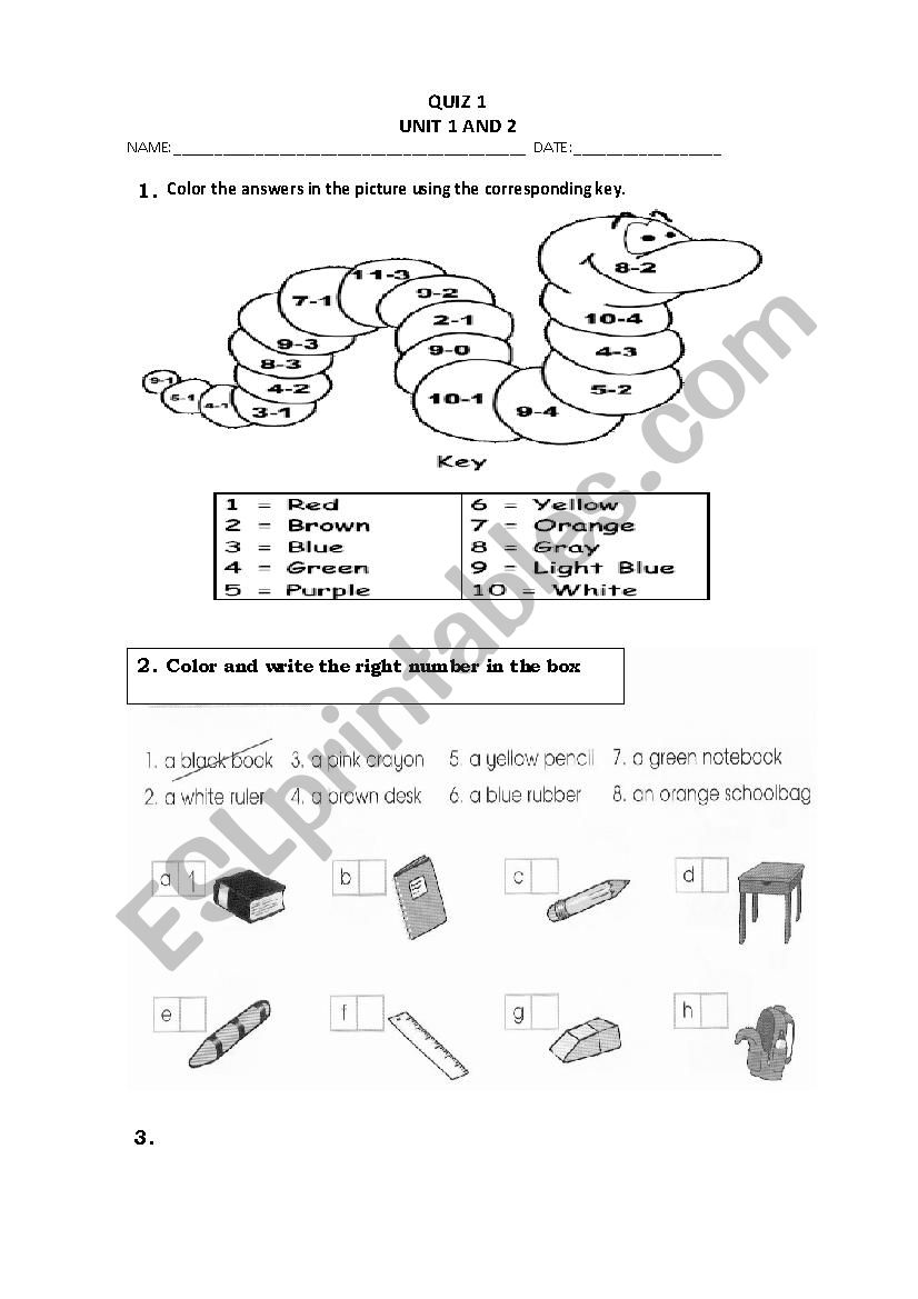 SCHOOL OBJECTS AND COLORS worksheet