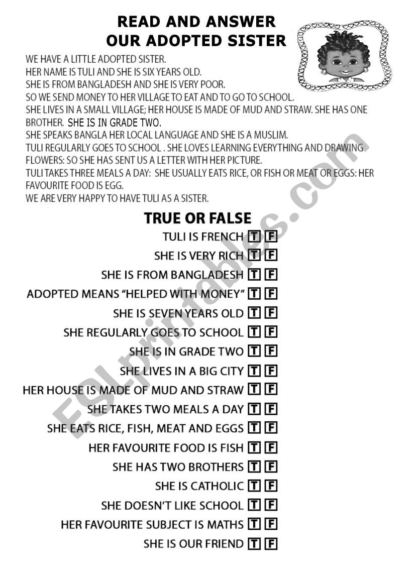 adopted sister worksheet