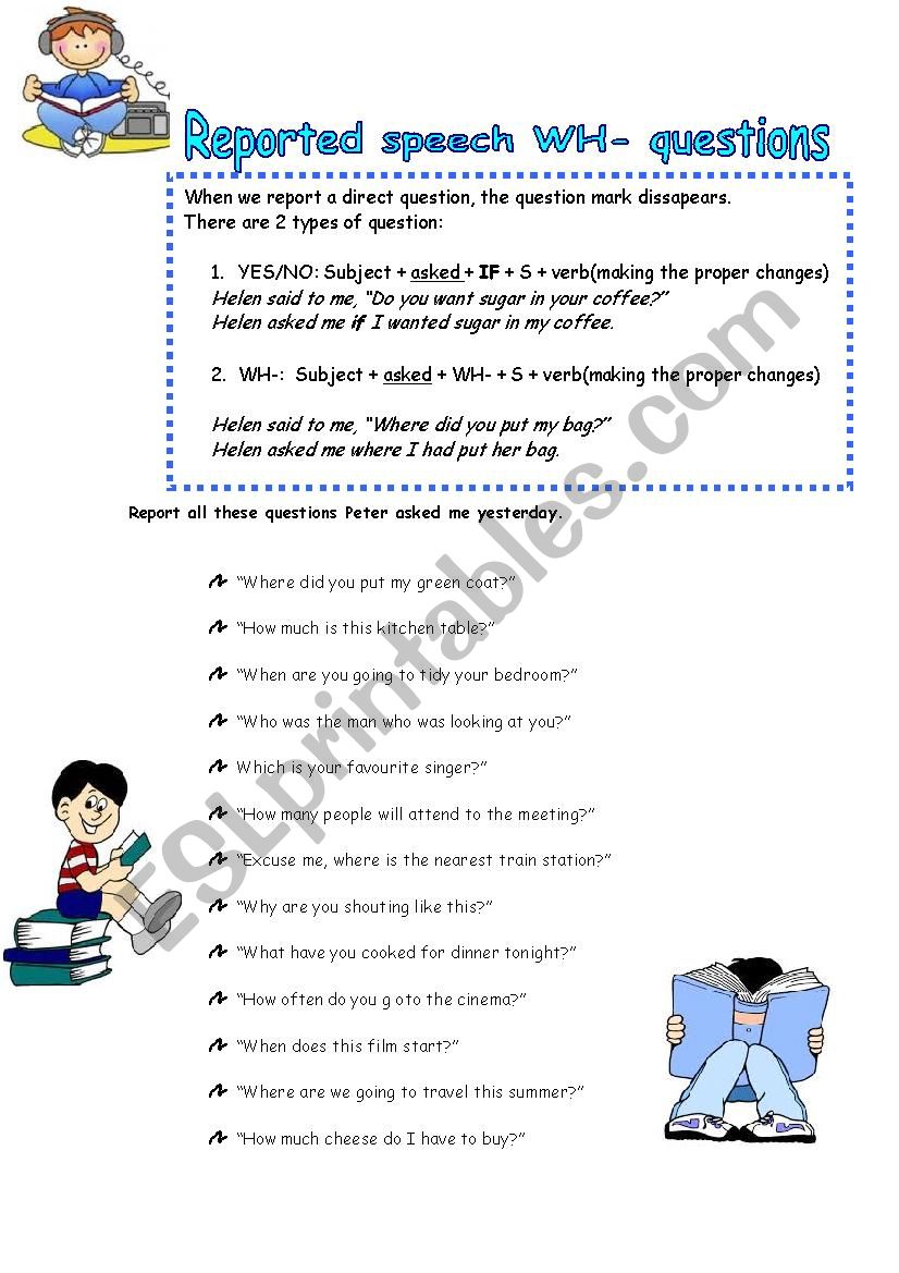reported speech wh questions exercises pdf