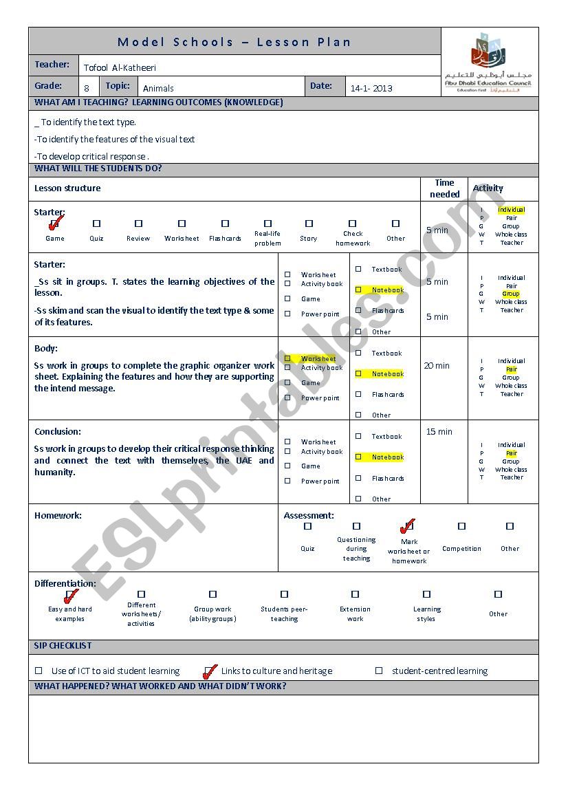 lesson plan about animal worksheet