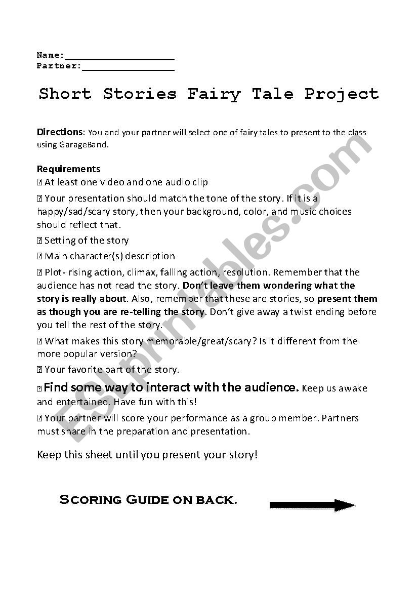 Fairy Tales Project worksheet