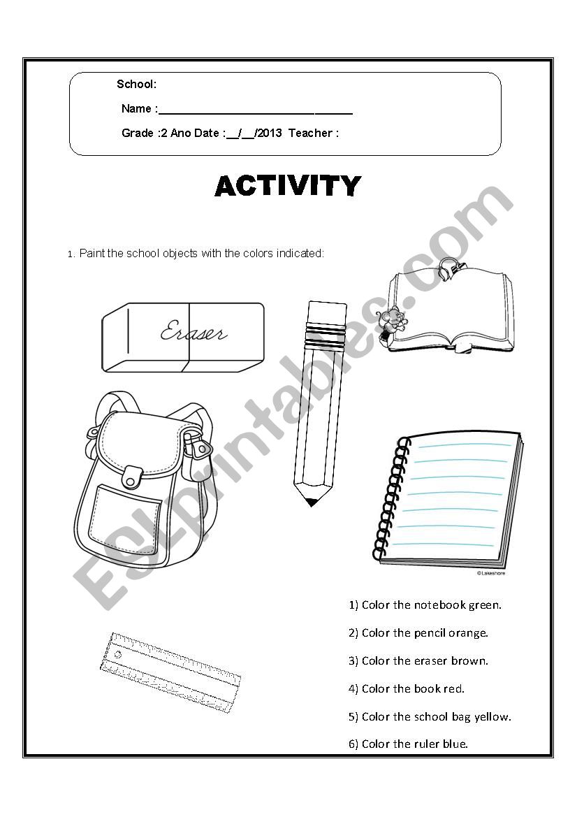 objects school worksheet
