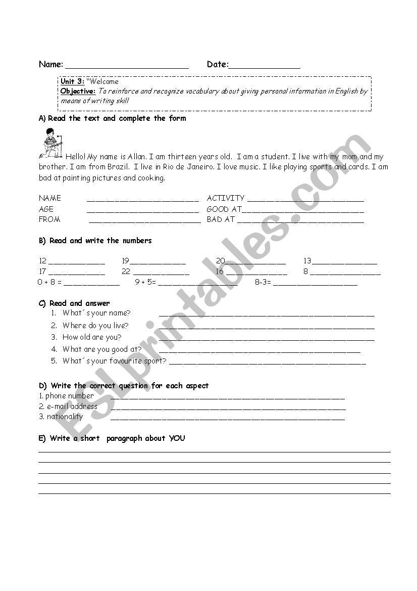 personal information worksheet