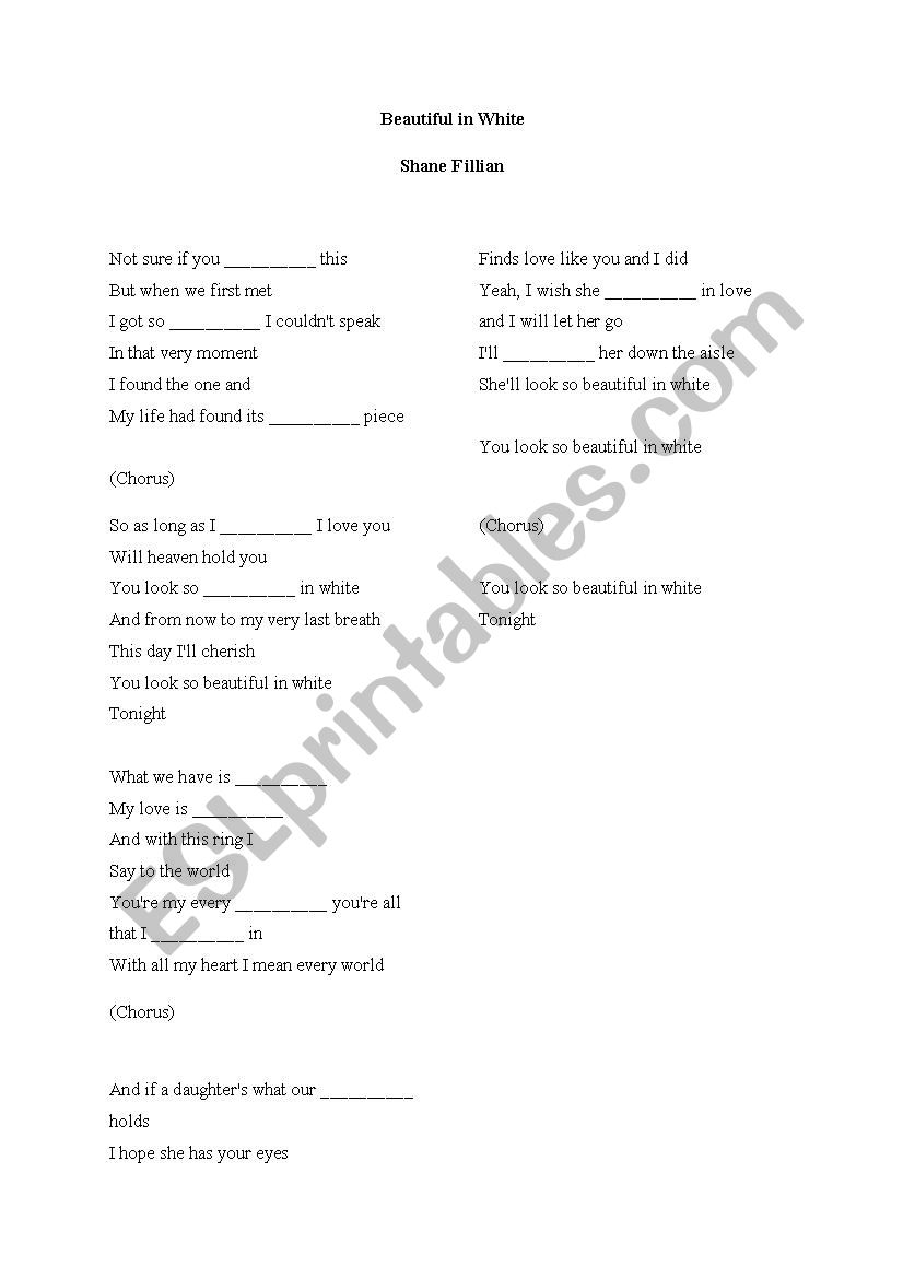 Song Worksheet: Beautiful in White