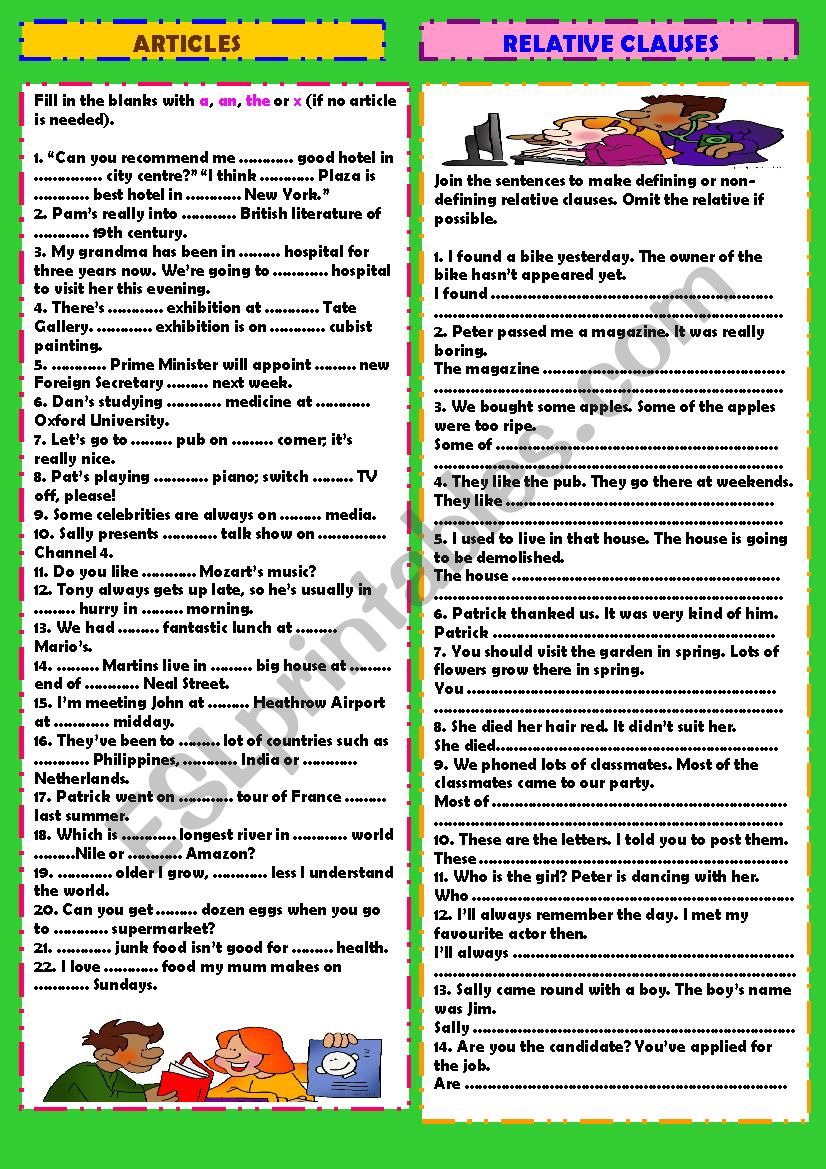 Review 4: articles & relative clauses (+ key) - ESL worksheet by ...