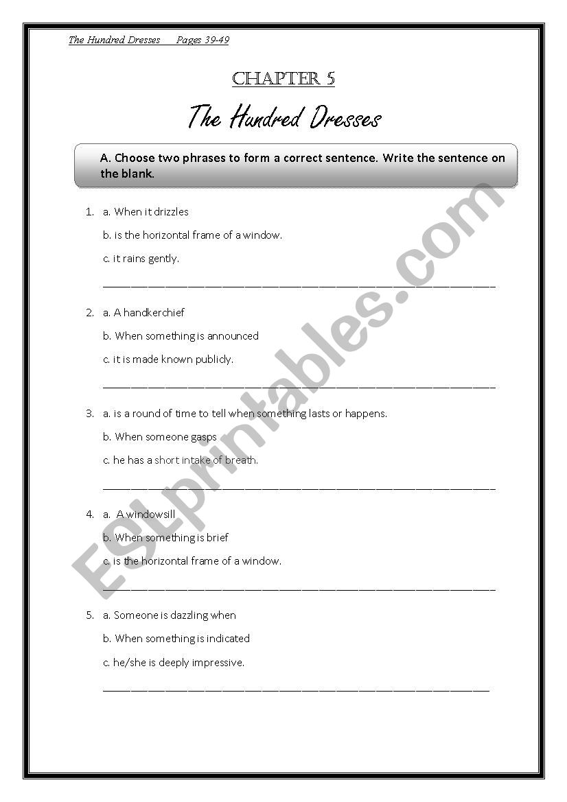 The Hundred Dresses Chapter 5 worksheet