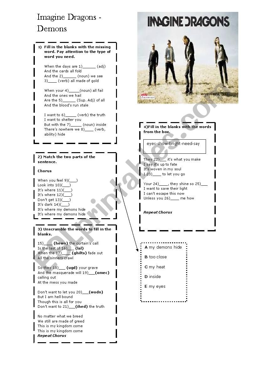 Demons imagine. Imagine Dragons Worksheets. Imagine Dragons Demons Worksheets. Worksheet Song imagine Dragons. Демонс имаджин Драгонс текст.