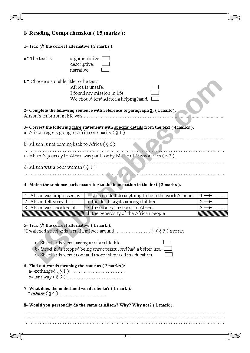 mock back exam worksheet