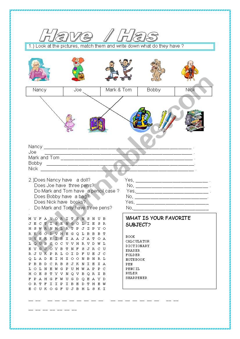 Have/has Classroom objects worksheet