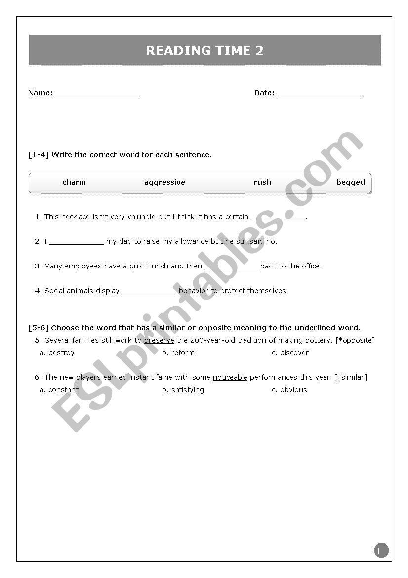 Reading time 2 worksheet