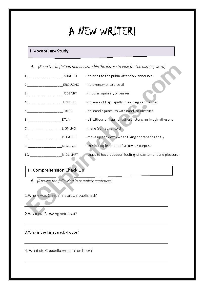 A New Writer worksheet