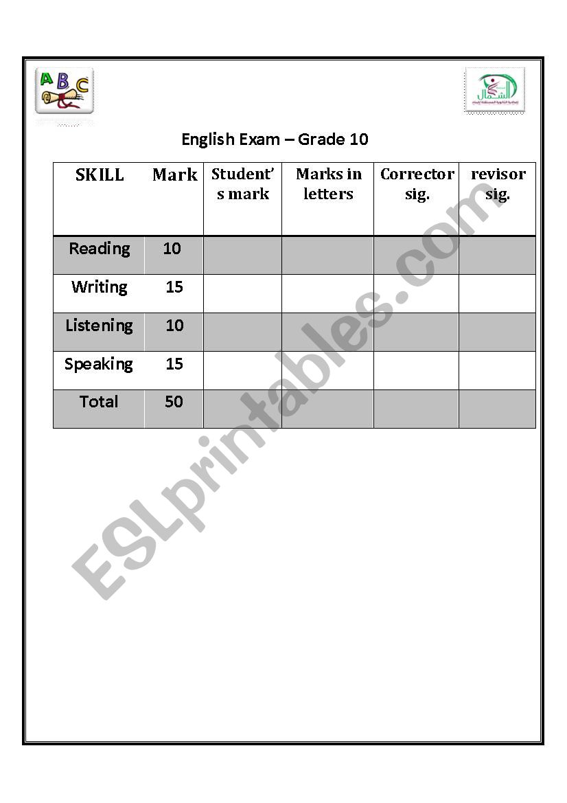 English exam - grade 10 advanced 