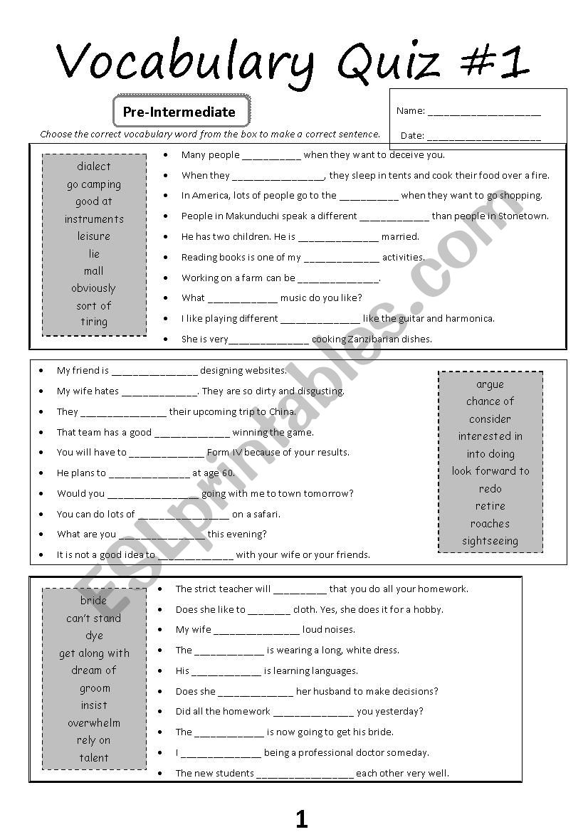 English vocabulary quiz unit 1 Identity online exercise for