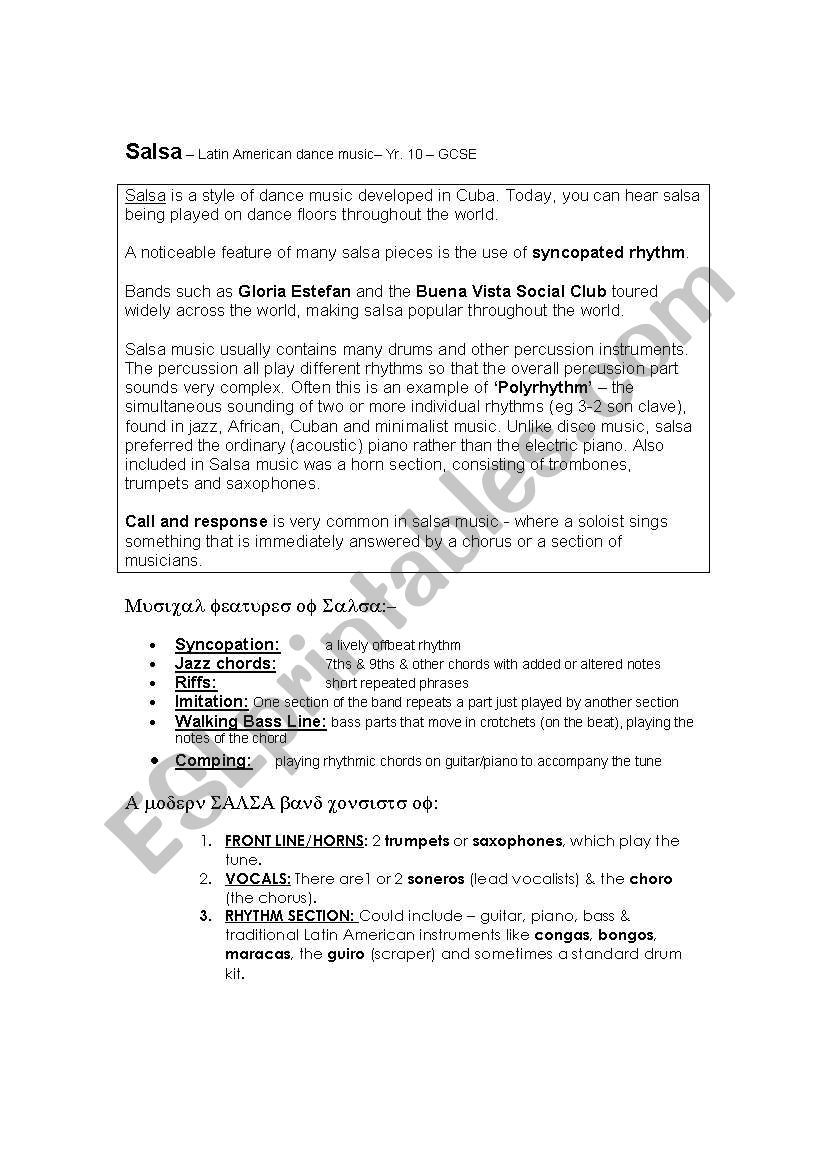 Music Salsa worksheet worksheet