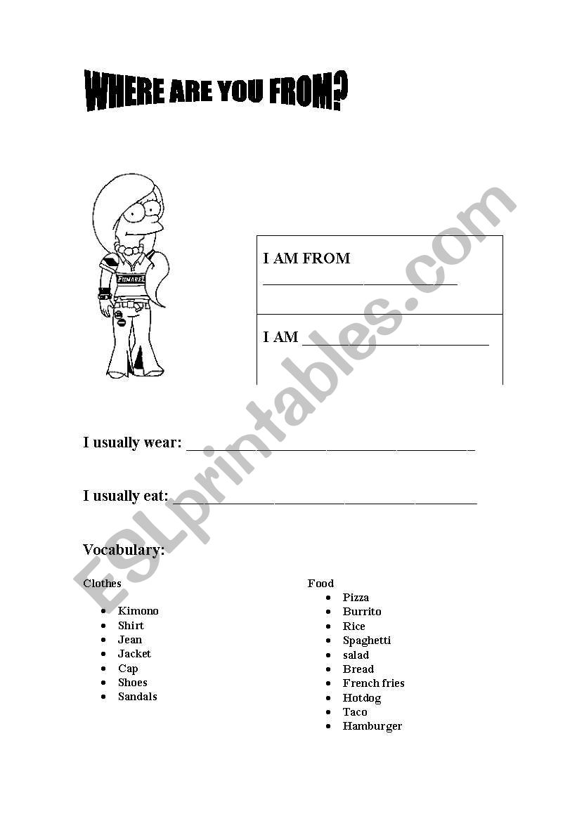 where are you from? i am from worksheet