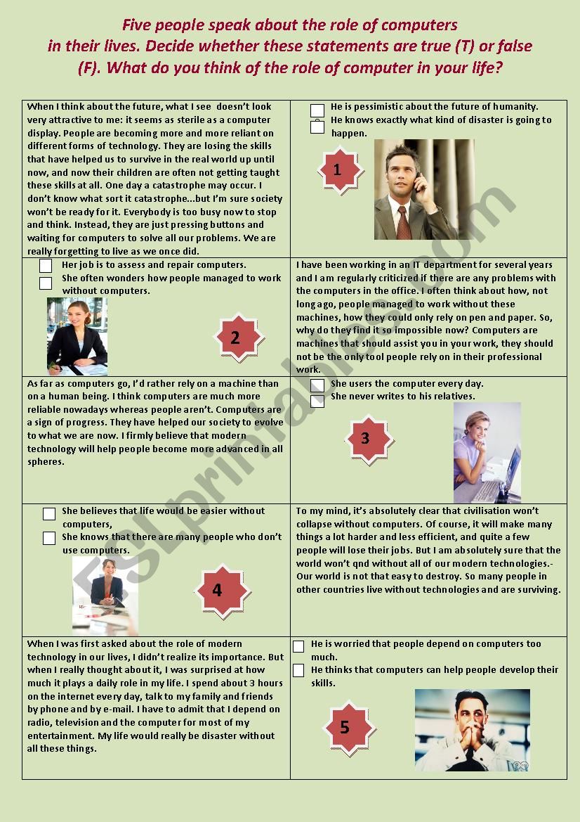 The role of compuers. worksheet
