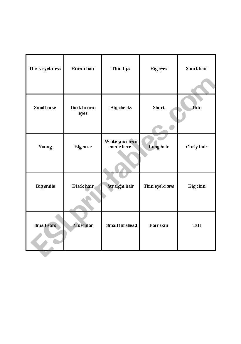 Appearance Bingo worksheet