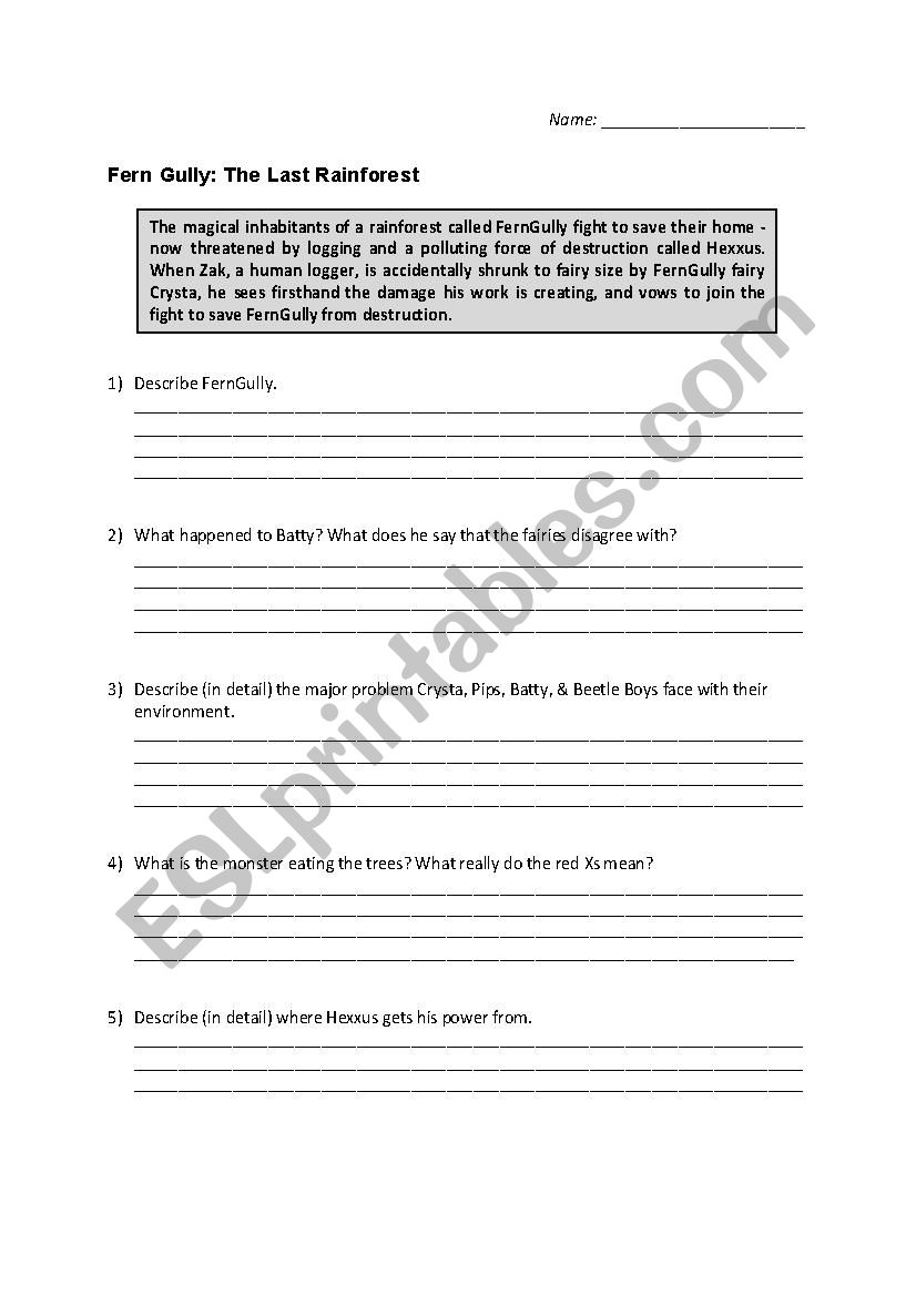 Fern Gully Question Sheet  worksheet