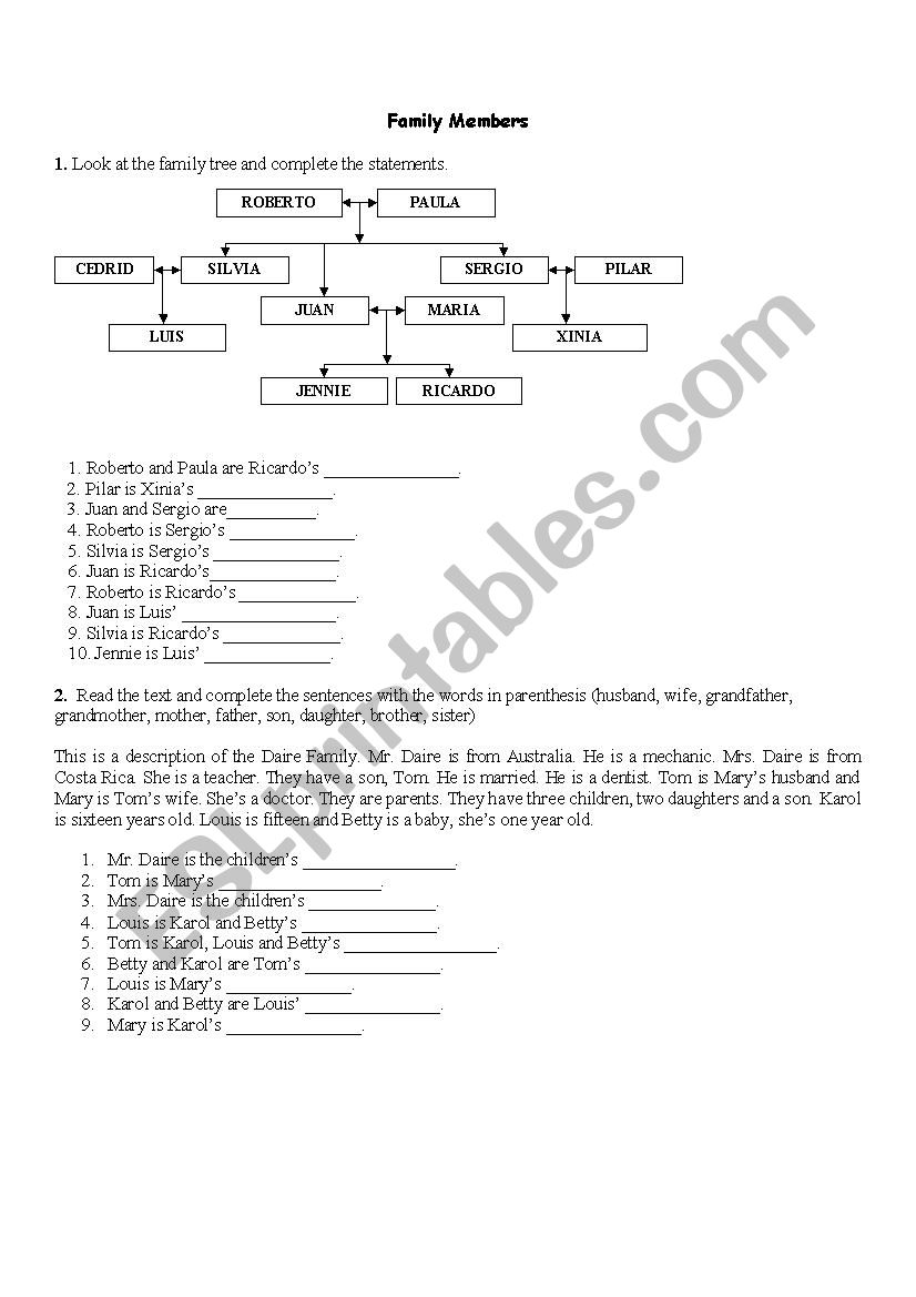 Family Members worksheet