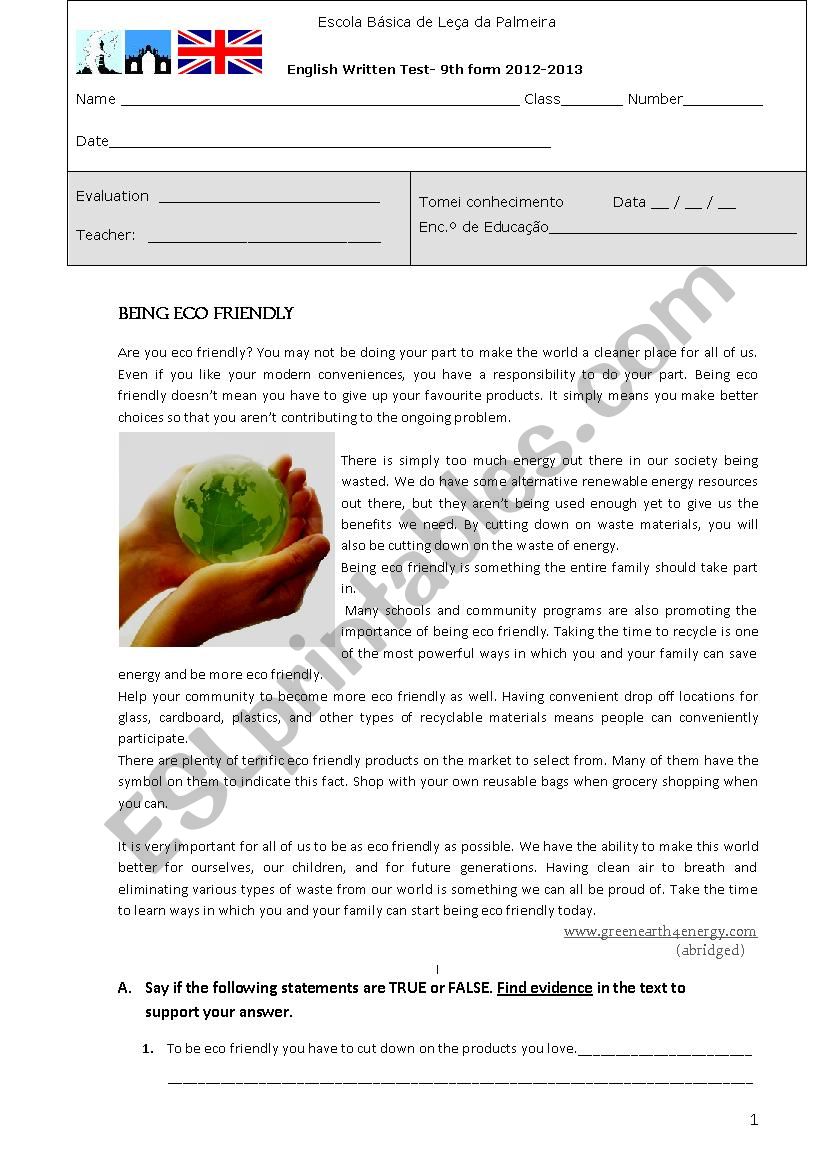 Test- Being Ecofriendly worksheet