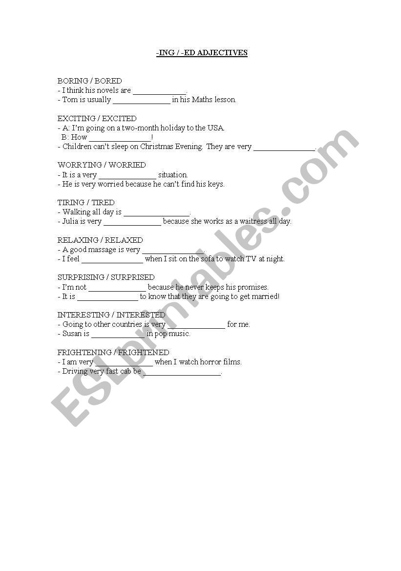 ing / ed adjectives worksheet