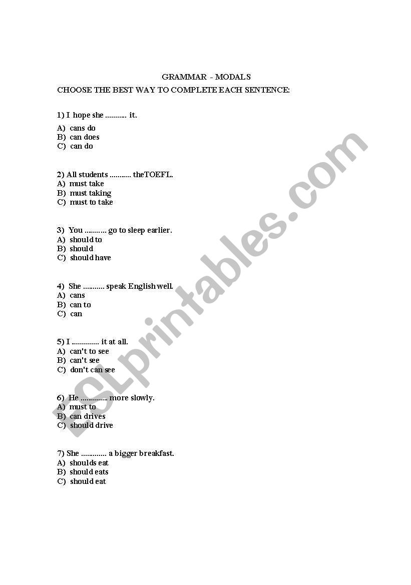 ejercicios de modals worksheet