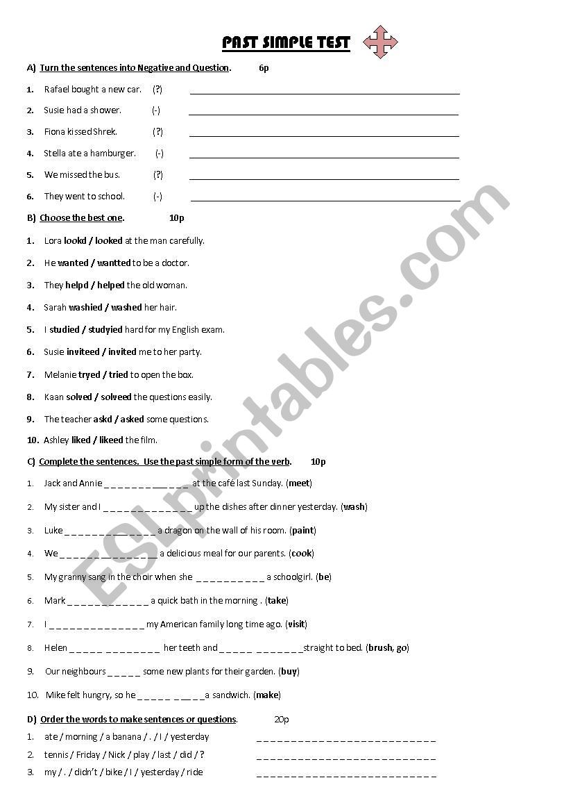 simple past test worksheet