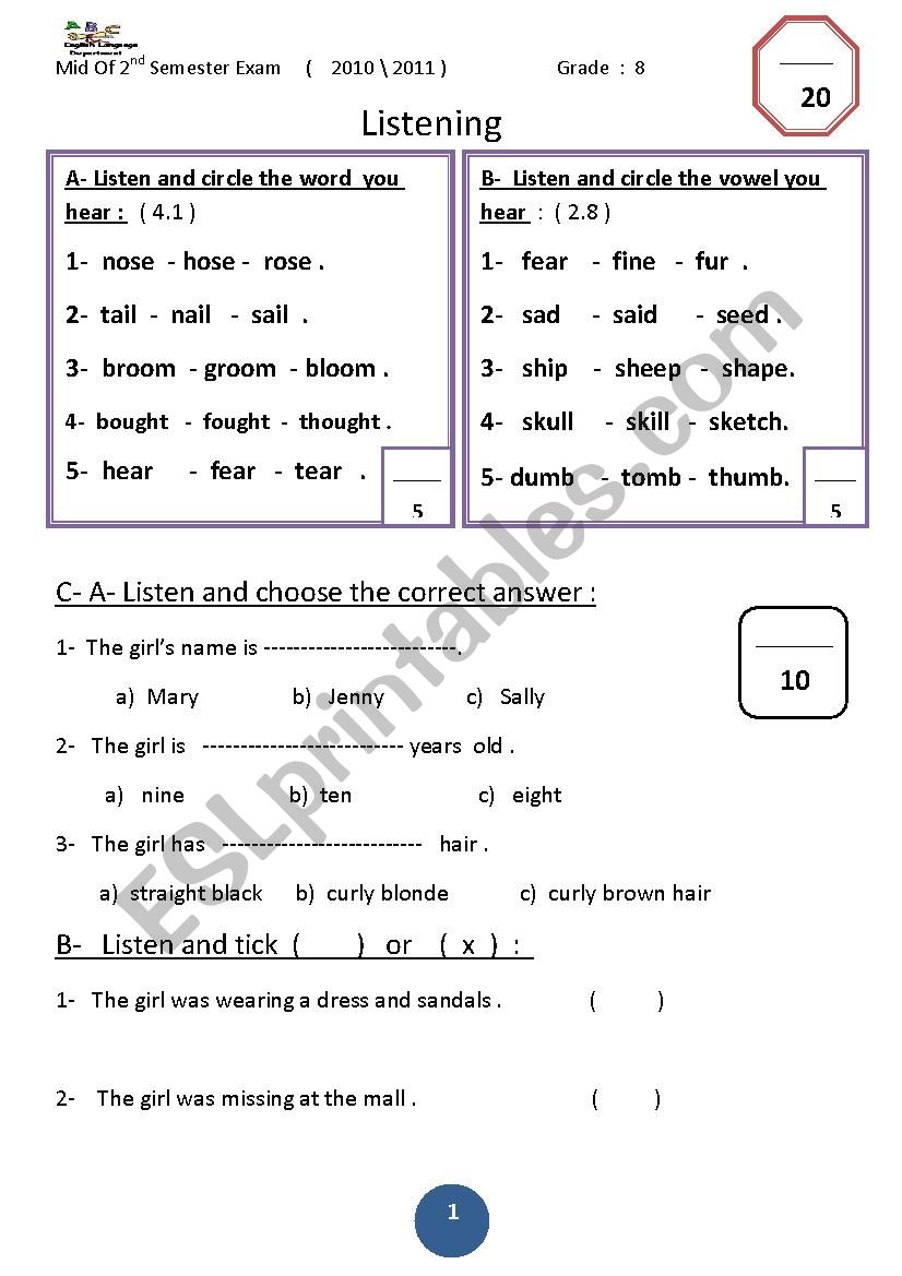 Exam - grade 8  worksheet