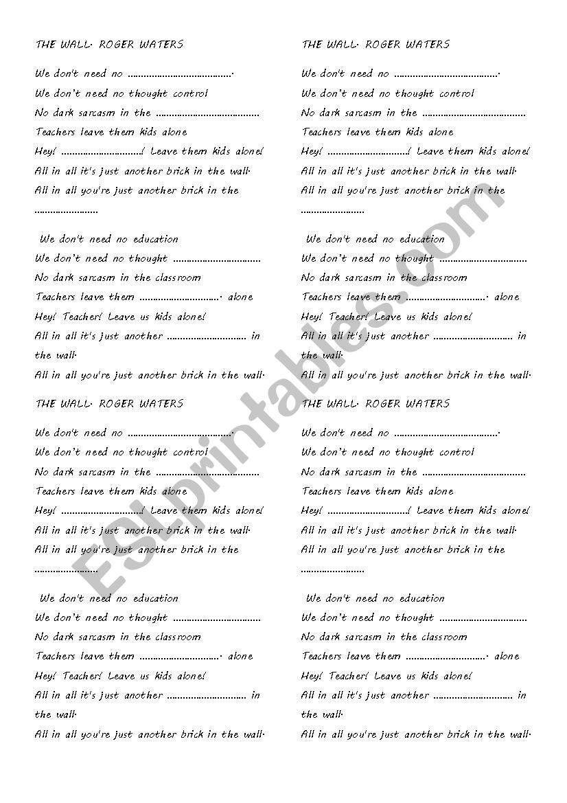 the wall (song) worksheet