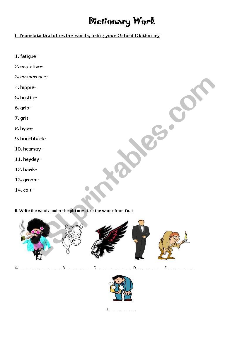 dictionary work esl worksheet by arte777